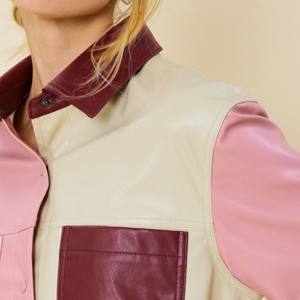 Color Block Faux Leather Shacket - Picture 4 of 5